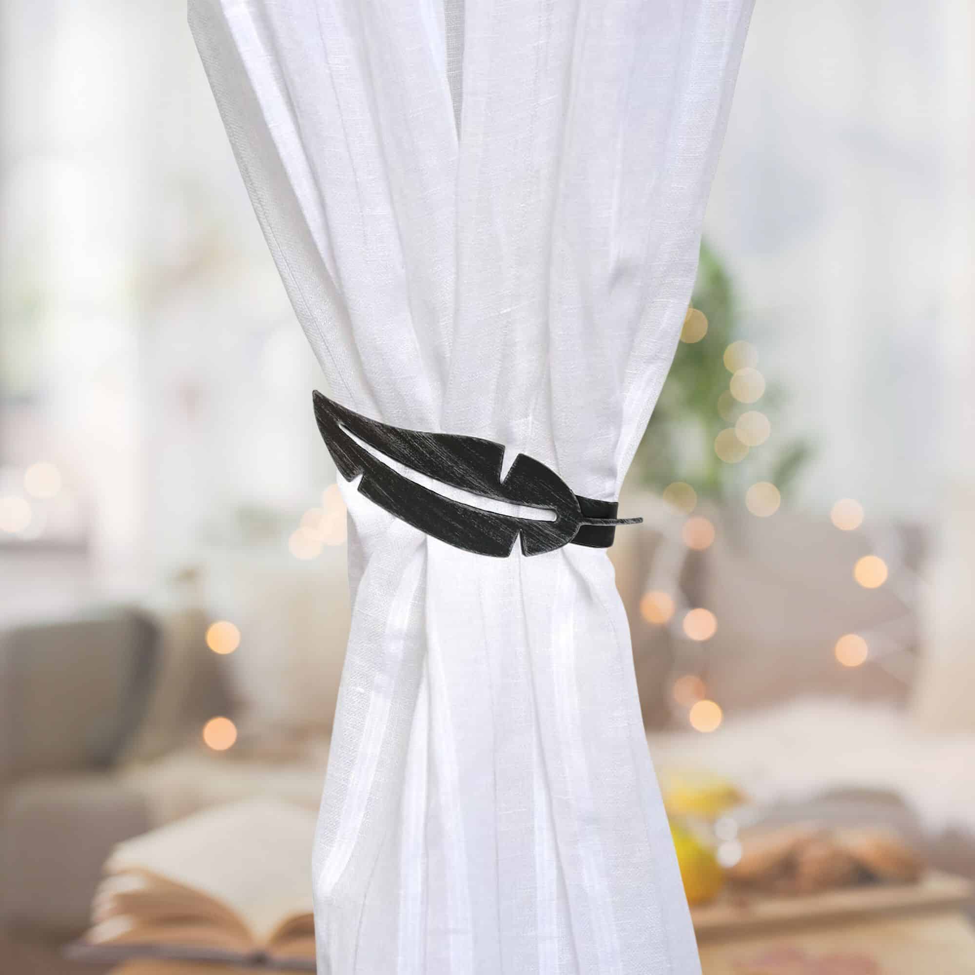 Evideco Set Of 2 Metal Feather Curtain Tiebacks With Magnetic Closure – No Installation Needed – Black/Silver Home Accessories Tie Backs & Magnets Metal Tie Backs Small Tie Backs For Window Sheers