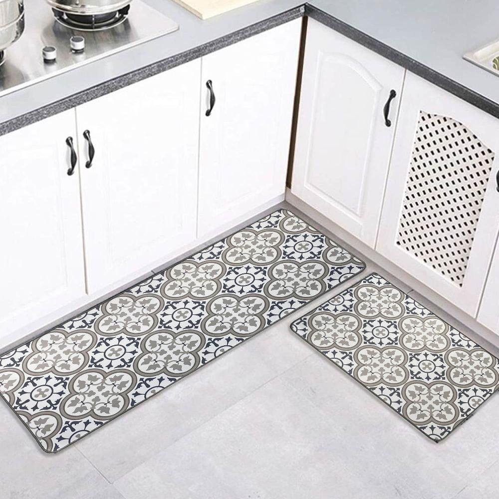 evideco Set of 2 Paco Printed Kitchen Floor Mats – Blue & Gray Tile Design – Ideal for Homeowners & Renters – Double the Style & Convenience Home Accessories Kitchen Mats