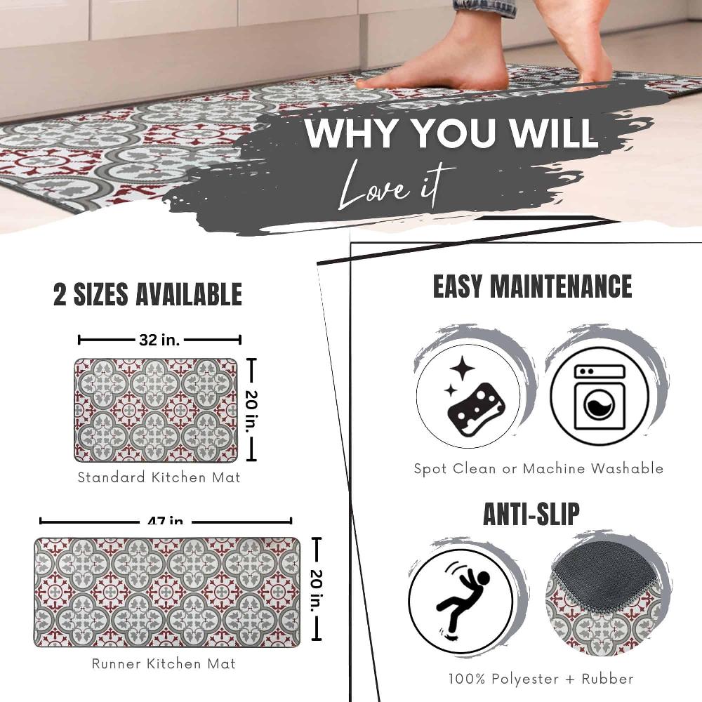 Evideco Set Of 2 Paco Printed Kitchen Floor Mats – Red & Gray Tile Design – Ideal For Homeowners & Renters – Double The Style & Convenience Home Accessories Kitchen Mats