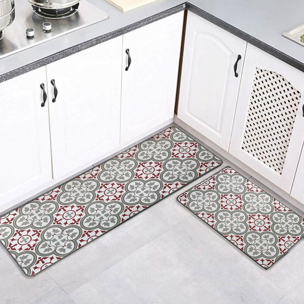 Evideco Set Of 2 Paco Printed Kitchen Floor Mats – Red & Gray Tile Design – Ideal For Homeowners & Renters – Double The Style & Convenience Home Accessories Kitchen Mats
