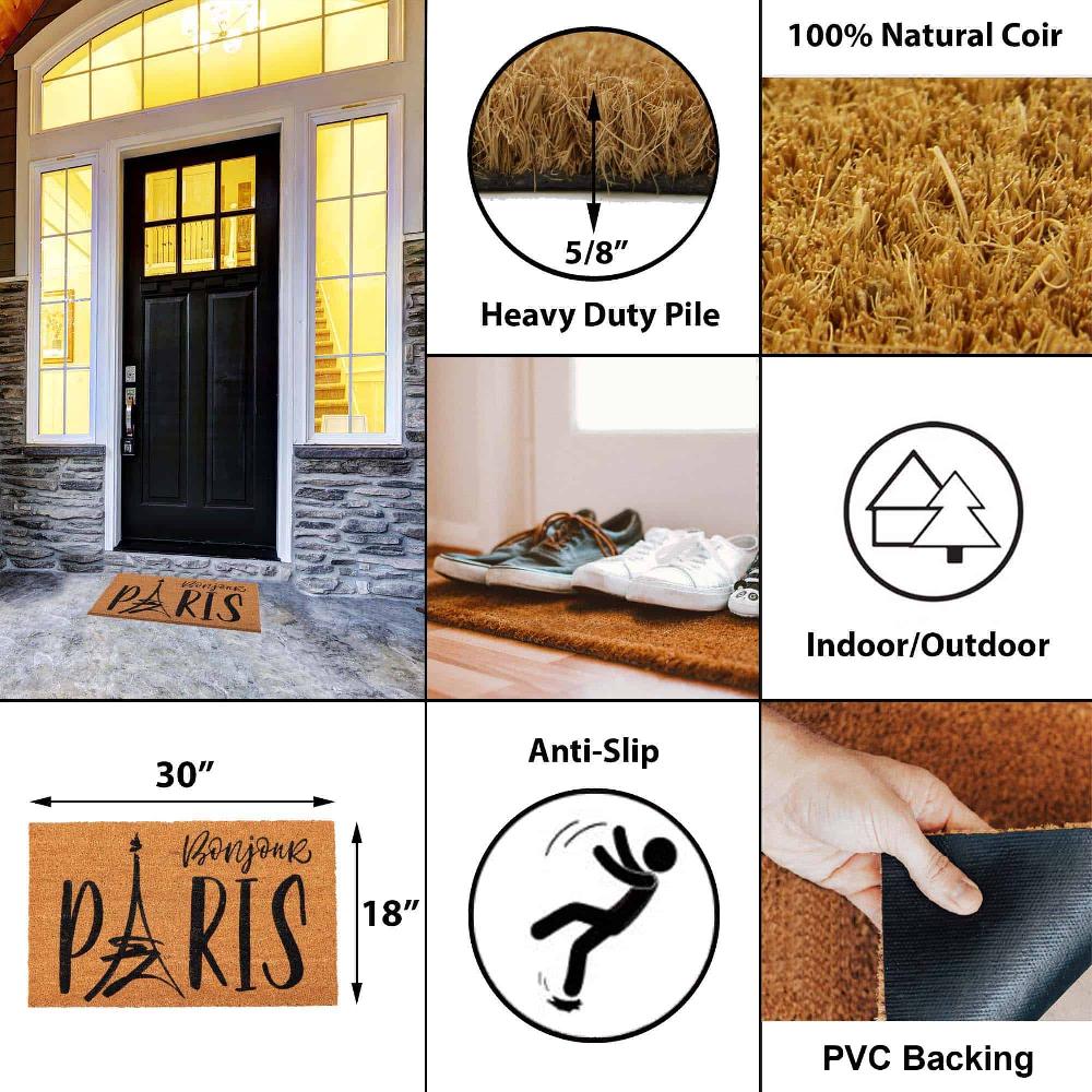 Evideco Sheltered Coconut Door Mat Printed Bonjour Paris 30×18 Natural Home Accessories Door Mats