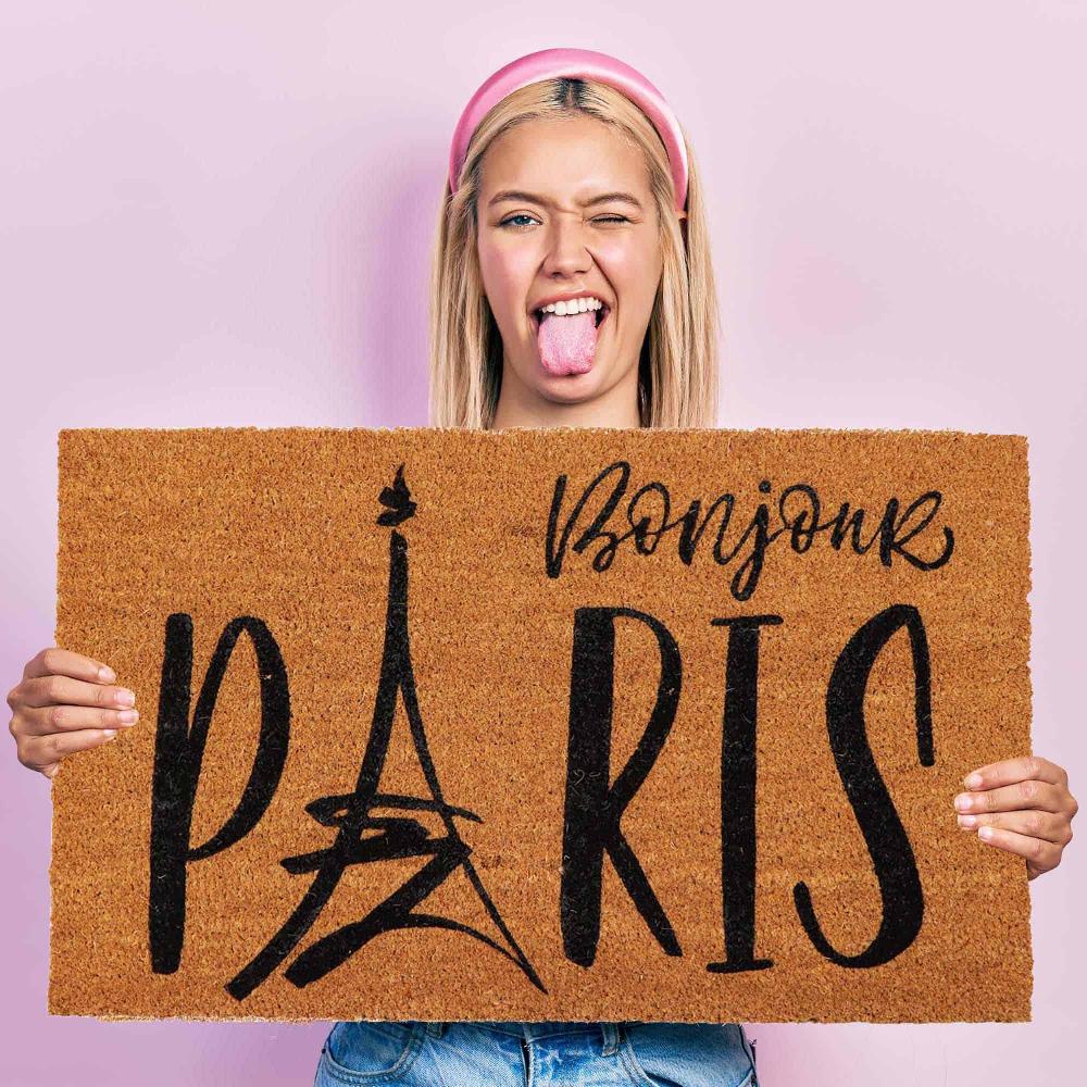 Evideco Sheltered Coconut Door Mat Printed Bonjour Paris 30×18 Natural Home Accessories Door Mats