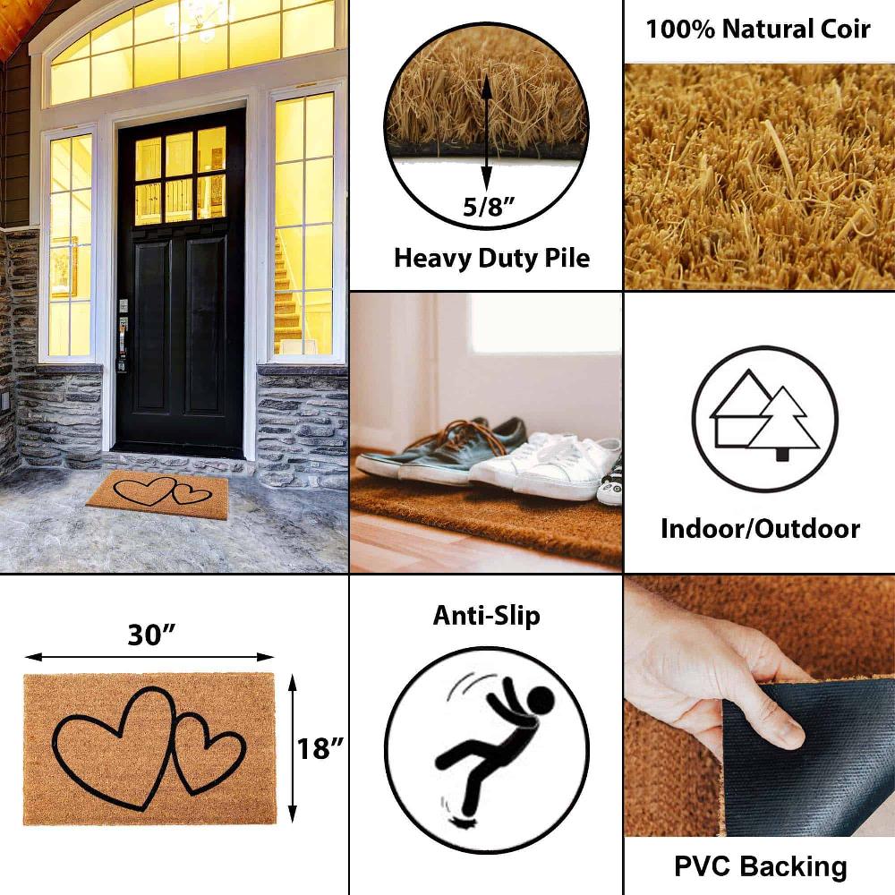 Evideco Sheltered Coconut Door Mat Printed Hearts 30×18 Natural Home Accessories Door Mats
