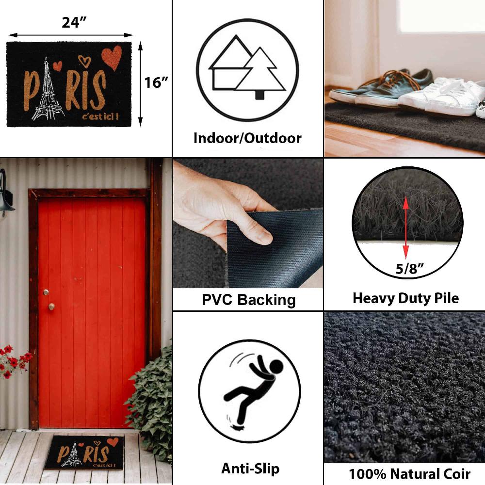 Evideco Sheltered Coconut Door Mat Printed Paris C’est Ici 24×16 Black Home Accessories Door Mats