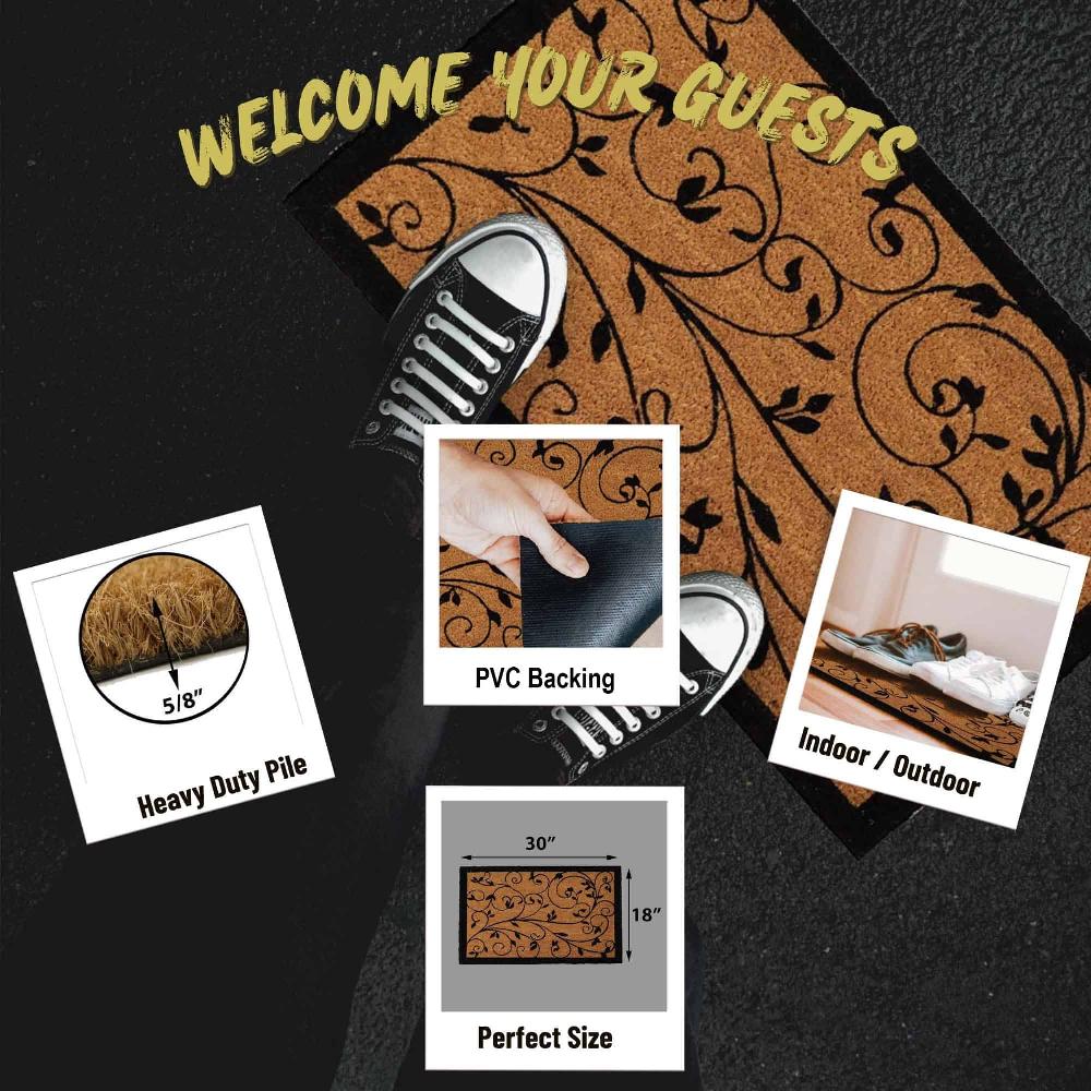 Evideco Sheltered Coir Door Mat Leafy Vine Print 30×18 Inch – Made Of Natural Coconut Fibers – Superior Durability & Effective Dirt Trapping Home Accessories Door Mats