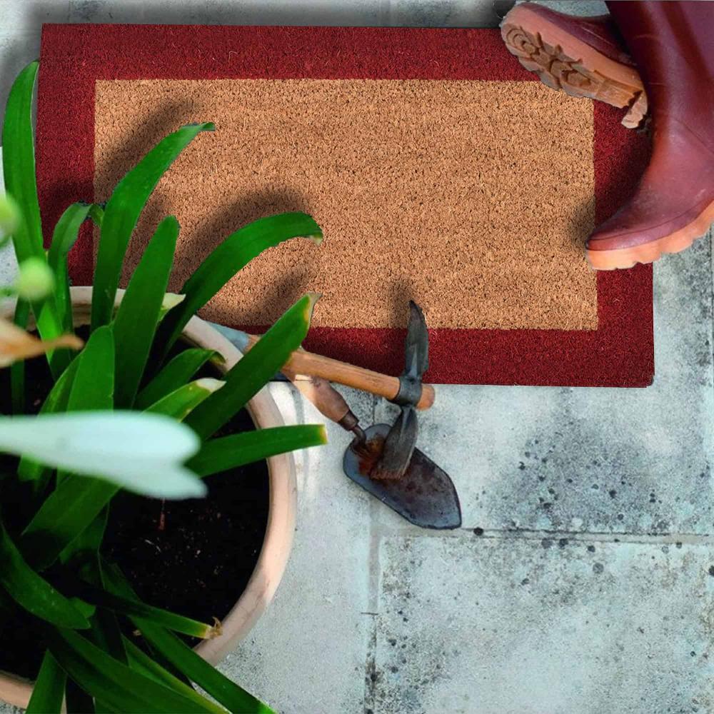 Evideco Sheltered Front Door Mat Coir Coco Fibers Rug 24×13 Natural-Border Red Home Accessories Door Mats Sheltered Door