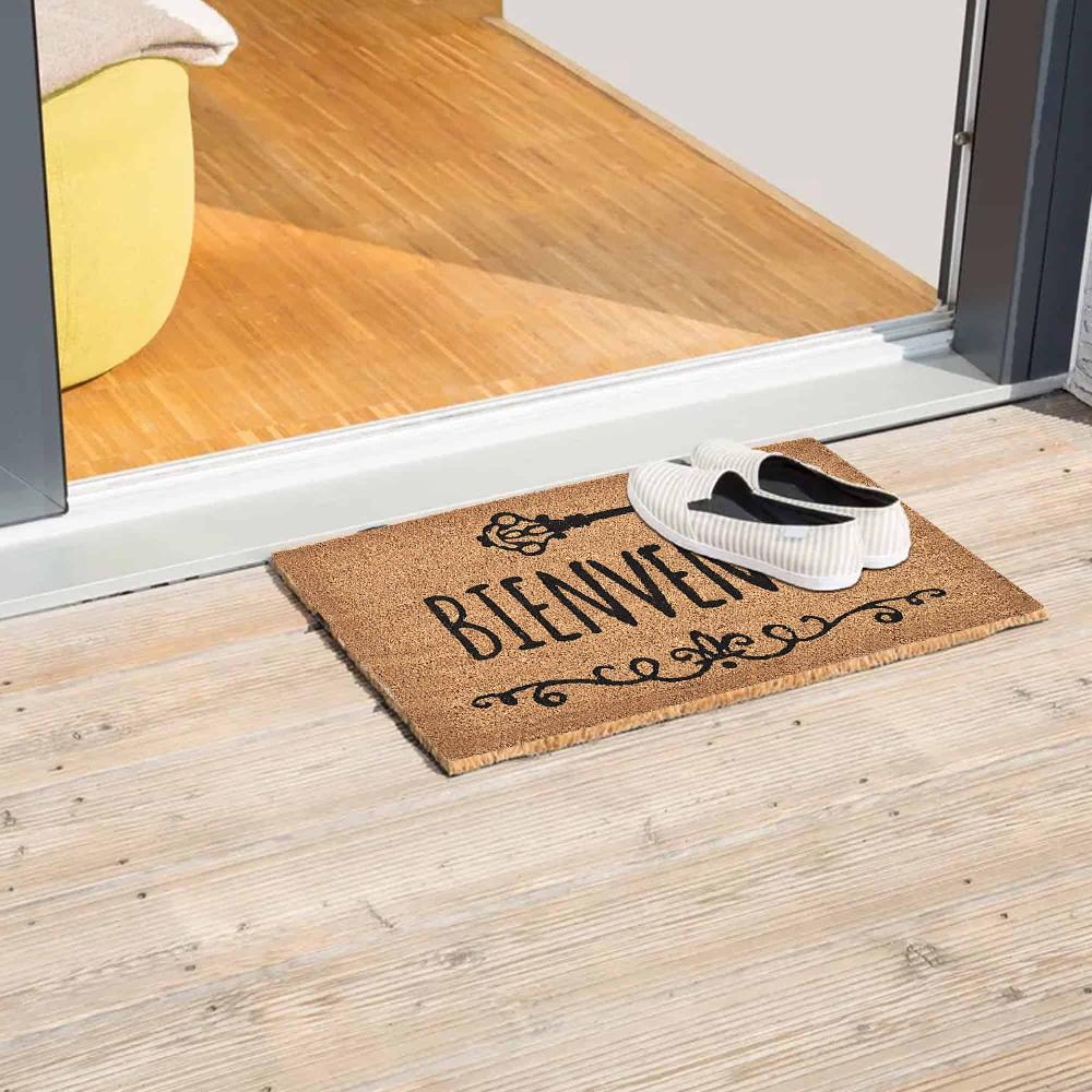 Evideco Sheltered Printed Front Door Mat Bienvenue Coir Coco Fibers Rug 24×16 Natural Home Accessories Door Mats Sheltered Door