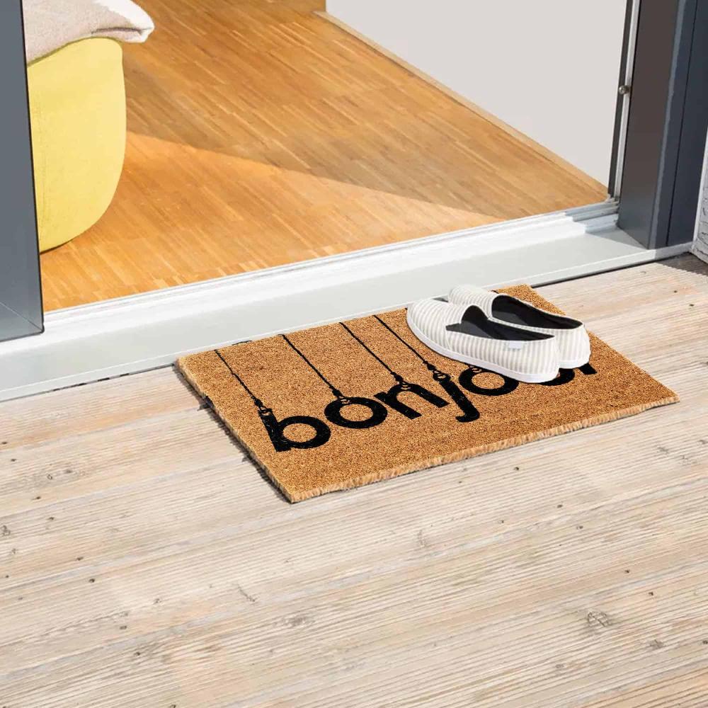 Evideco Sheltered Rectangle Coir Door Mat -Bonjour- Non Slip Backing Natural- Black 24×16 Home Accessories Door Mats