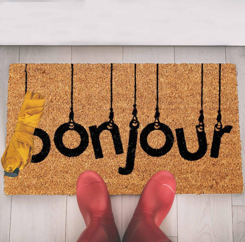 Evideco Sheltered Rectangle Coir Door Mat -Bonjour- Non Slip Backing Natural- Black 24×16 Home Accessories Door Mats