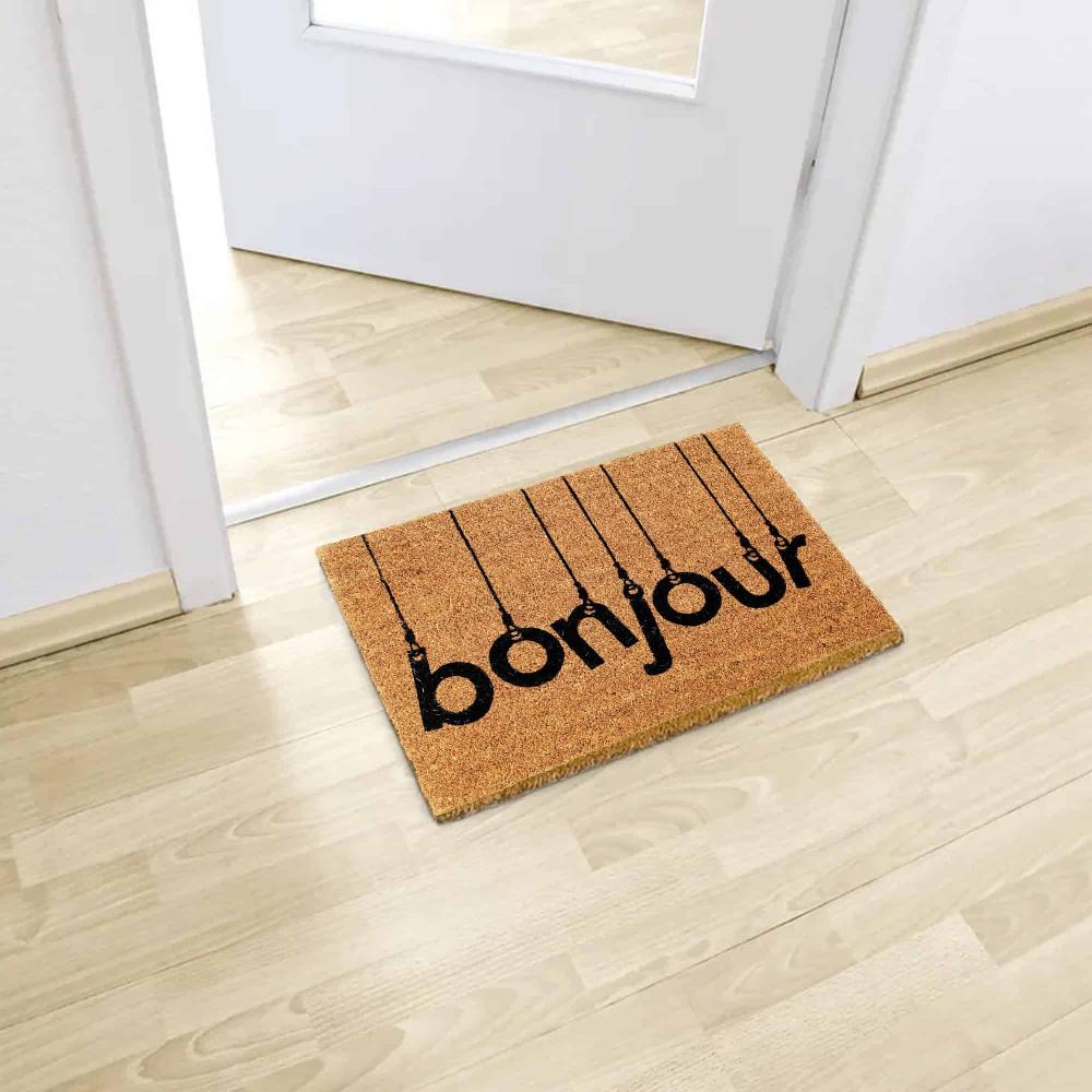 evideco Sheltered Rectangle Coir Door Mat -Bonjour- Non Slip Backing Natural- Black 24×16 Home Accessories Door Mats