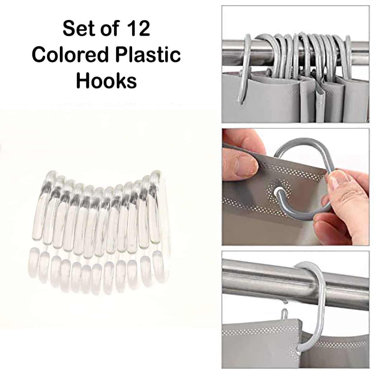 Evideco Shower Curtain Rings Plastic Hooks Solid And Clear Color Set Of 12 Clear Shower Accessories Shower Curtain Hook