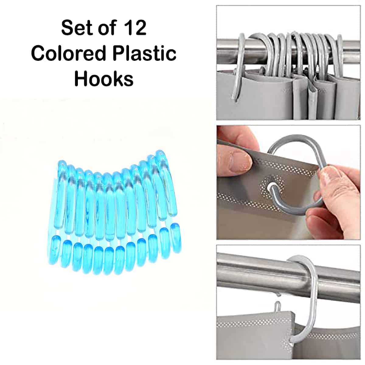 Evideco Shower Curtain Rings Plastic Hooks Solid And Clear Color Set Of 12 Clear Turquoise Blue Shower Accessories Shower Curtain Hook