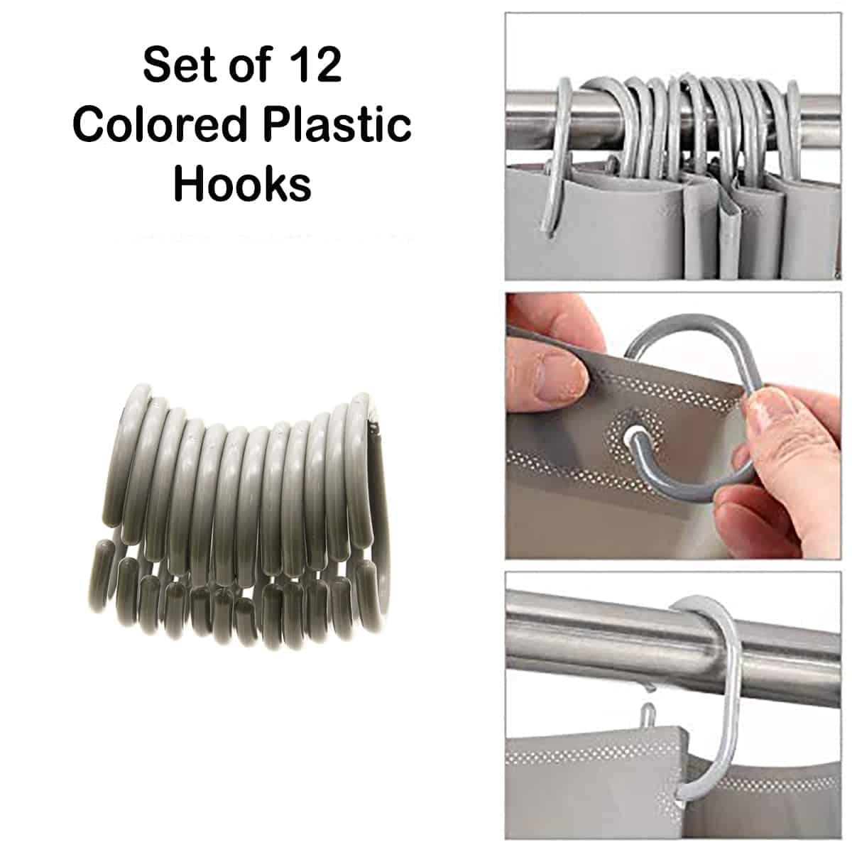 Evideco Shower Curtain Rings Plastic Hooks Solid And Clear Color Set Of 12 Solid Pearly Gray Shower Accessories Shower Curtain Hook