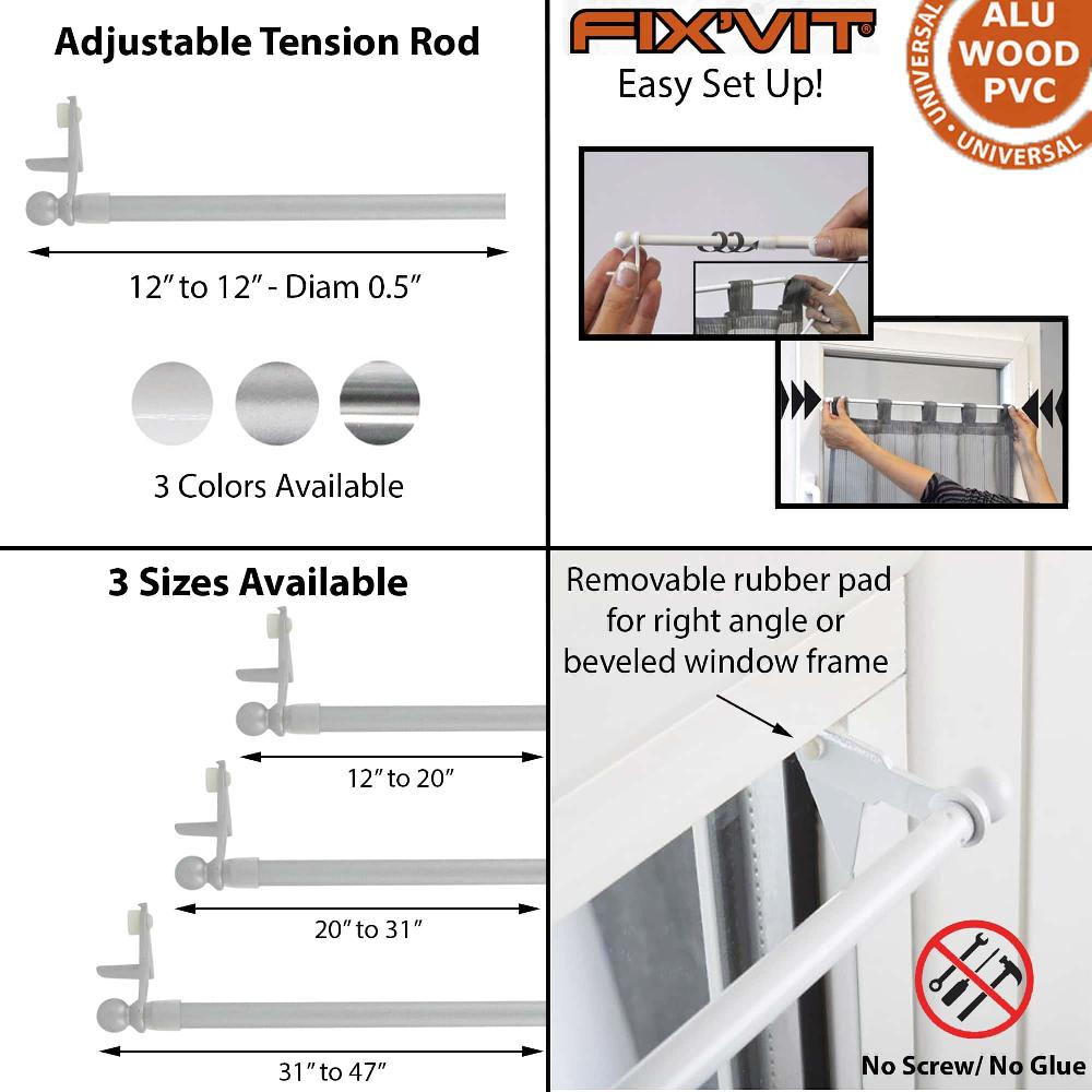 Evideco Silver Adjustable Tension Rod FixVit 12″ To 20″ – Diam 0.5″ Home Accessories Kitchen & Cafe Rods