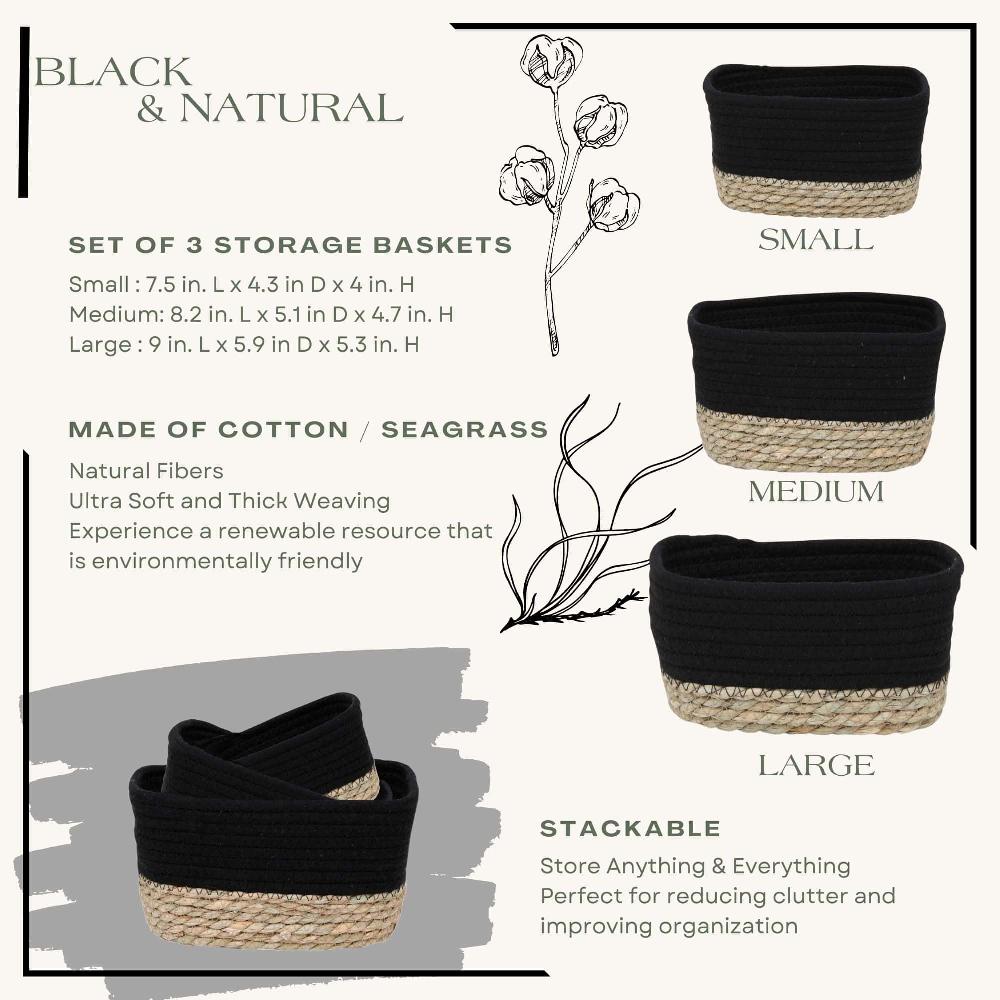 Evideco Sleek Black Cotton Storage Baskets Organizer Padang Bins Stackable For Shelves- Set Of 3 Bathroom Storage & Furniture Storage Baskets & Organizers