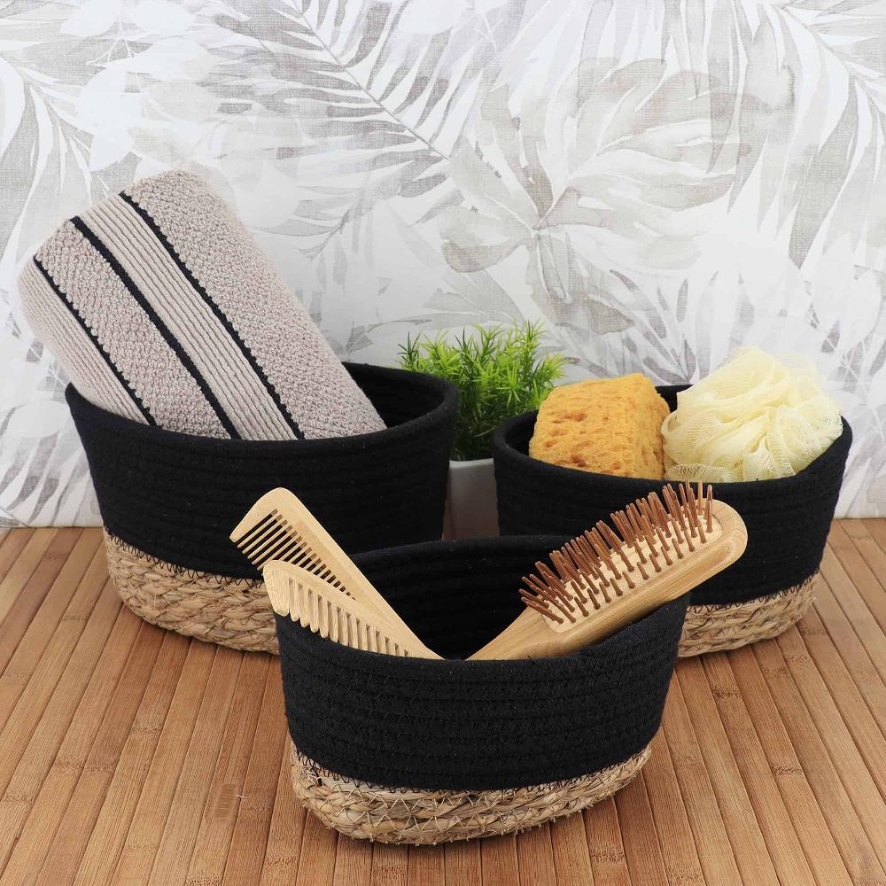 evideco Sleek Black Cotton Storage Baskets Organizer Padang Bins Stackable for Shelves- Set of 3 Bathroom Storage & Furniture Storage Baskets & Organizers