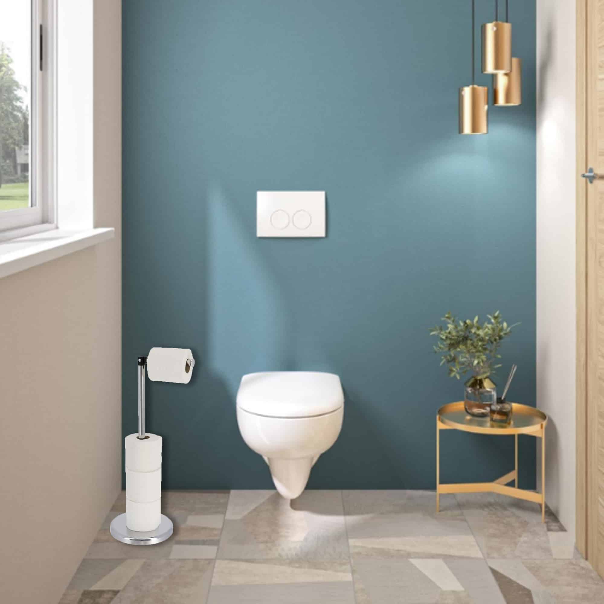 evideco Sleek Chrome Toilet Paper Holder with Folding Arm and Reserve Compact Freestanding Metal Holder Toilet Seats & Accessories Toilet Paper Holders & Dispensers