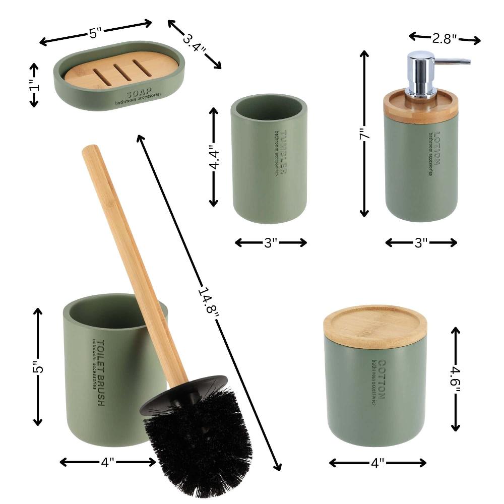 Evideco Sleek Green Bathroom Accessory Set – 5 Pieces – Toothbrush Cup Soap Dispenser Toilet Brush Cotton Jar And Soap Dish Bathroom Accessories Bath Coordinate Sets