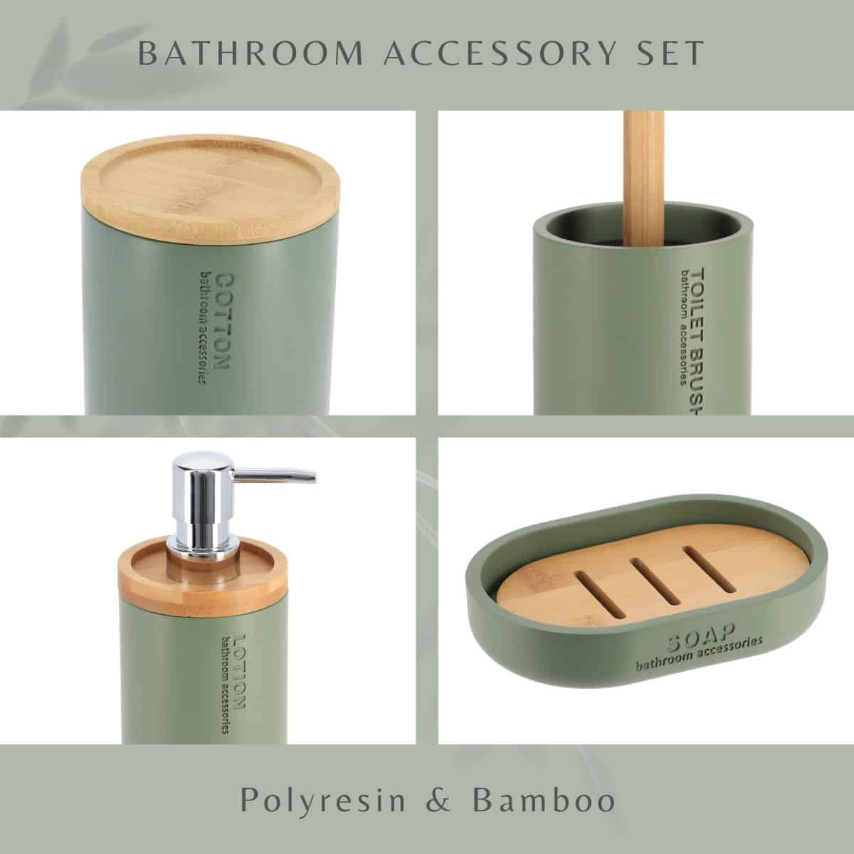 Evideco Sleek Green Bathroom Accessory Set – 5 Pieces – Toothbrush Cup Soap Dispenser Toilet Brush Cotton Jar And Soap Dish Bathroom Accessories Bath Coordinate Sets