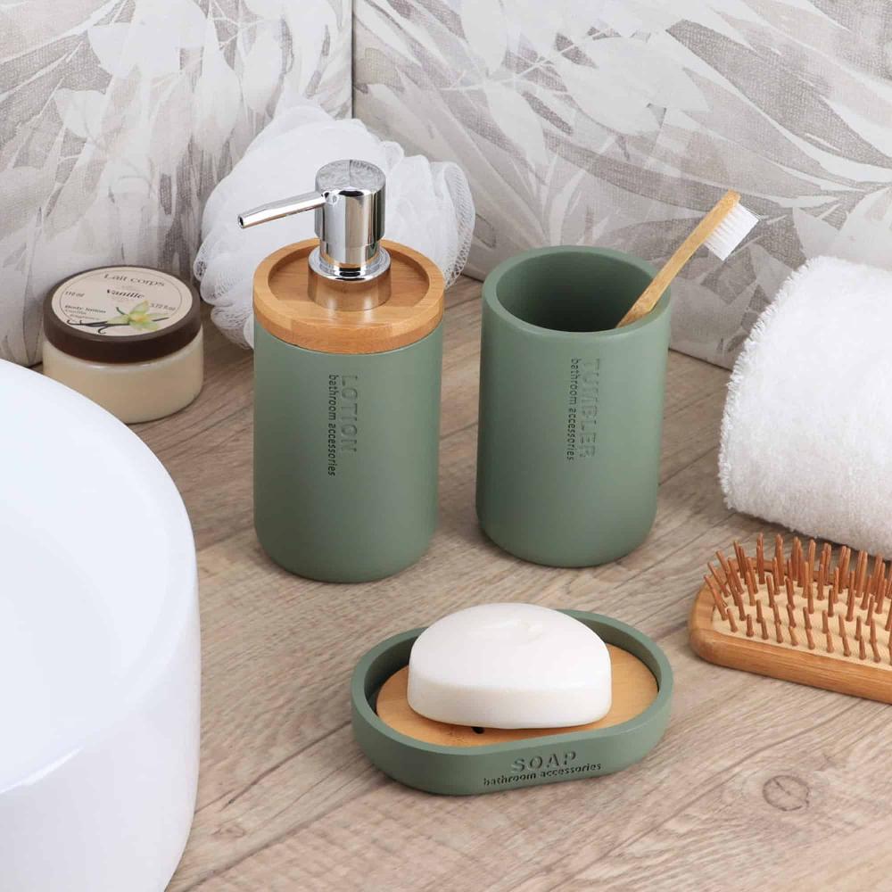 evideco Sleek Green Bathroom Accessory Set – 5 pieces – Toothbrush Cup Soap Dispenser Toilet Brush Cotton Jar and Soap Dish Bathroom Accessories Bath Coordinate Sets