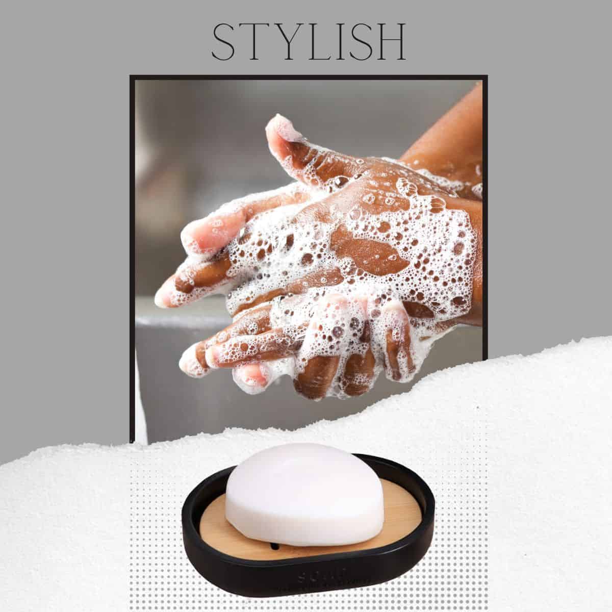 Evideco Sleek Matte Black Soap Dish With Bamboo Base – Polyresin Soap Tray For Sophisticated Decor Bathroom Accessories Soap Dishes