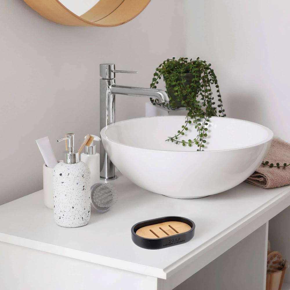 Evideco Sleek Matte Black Soap Dish With Bamboo Base – Polyresin Soap Tray For Sophisticated Decor Bathroom Accessories Soap Dishes