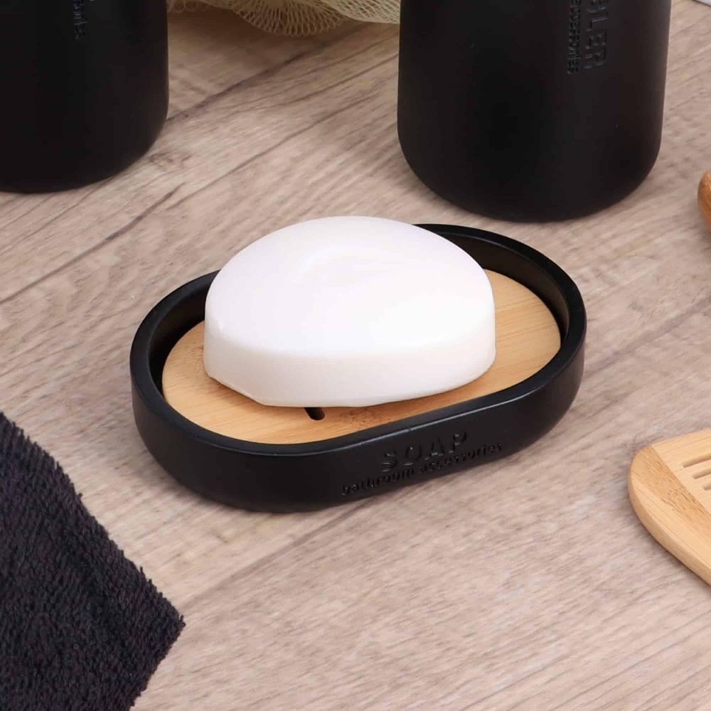 Evideco Sleek Matte Black Soap Dish With Bamboo Base – Polyresin Soap Tray For Sophisticated Decor Bathroom Accessories Soap Dishes