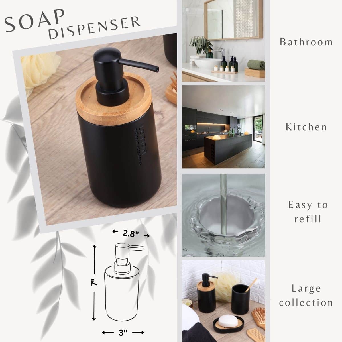 Evideco Sleek Matte Black Soap Dispenser With Natural Bamboo Detail – Polyresin Hand Pump Elegant Bathroom Accessory Bathroom Accessories Soap & Lotion Dispensers
