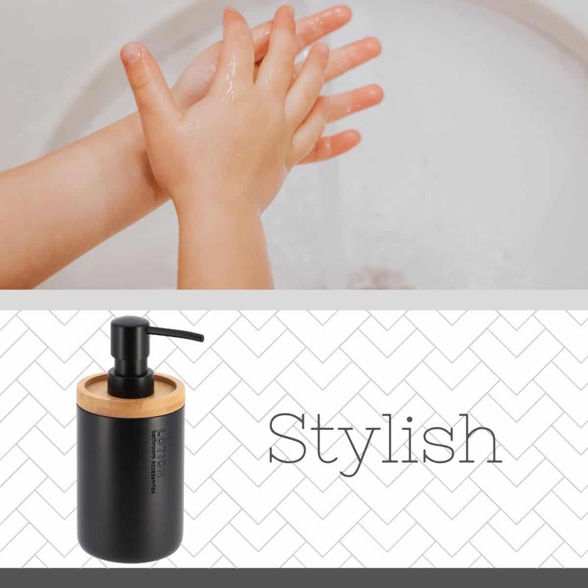 Evideco Sleek Matte Black Soap Dispenser With Natural Bamboo Detail – Polyresin Hand Pump Elegant Bathroom Accessory Bathroom Accessories Soap & Lotion Dispensers
