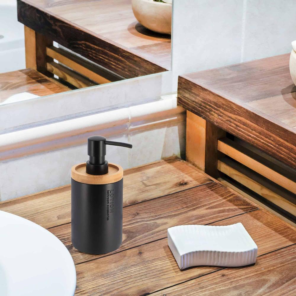Evideco Sleek Matte Black Soap Dispenser With Natural Bamboo Detail – Polyresin Hand Pump Elegant Bathroom Accessory Bathroom Accessories Soap & Lotion Dispensers