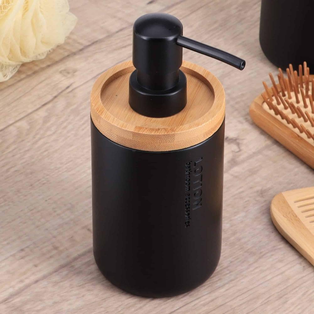 Evideco Sleek Matte Black Soap Dispenser With Natural Bamboo Detail – Polyresin Hand Pump Elegant Bathroom Accessory Bathroom Accessories Soap & Lotion Dispensers