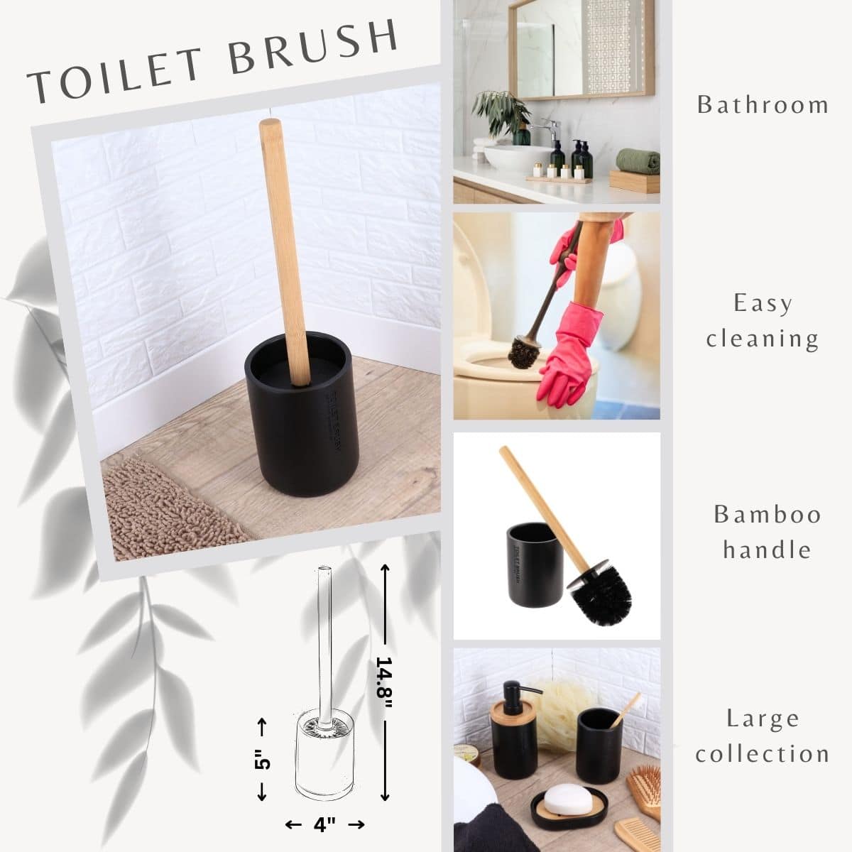Evideco Sleek Matte Black Toilet Brush Holder With Bamboo Handle – Polyresin Bathroom Cleaning Tool Set Toilet Seats & Accessories Toilet Brushes