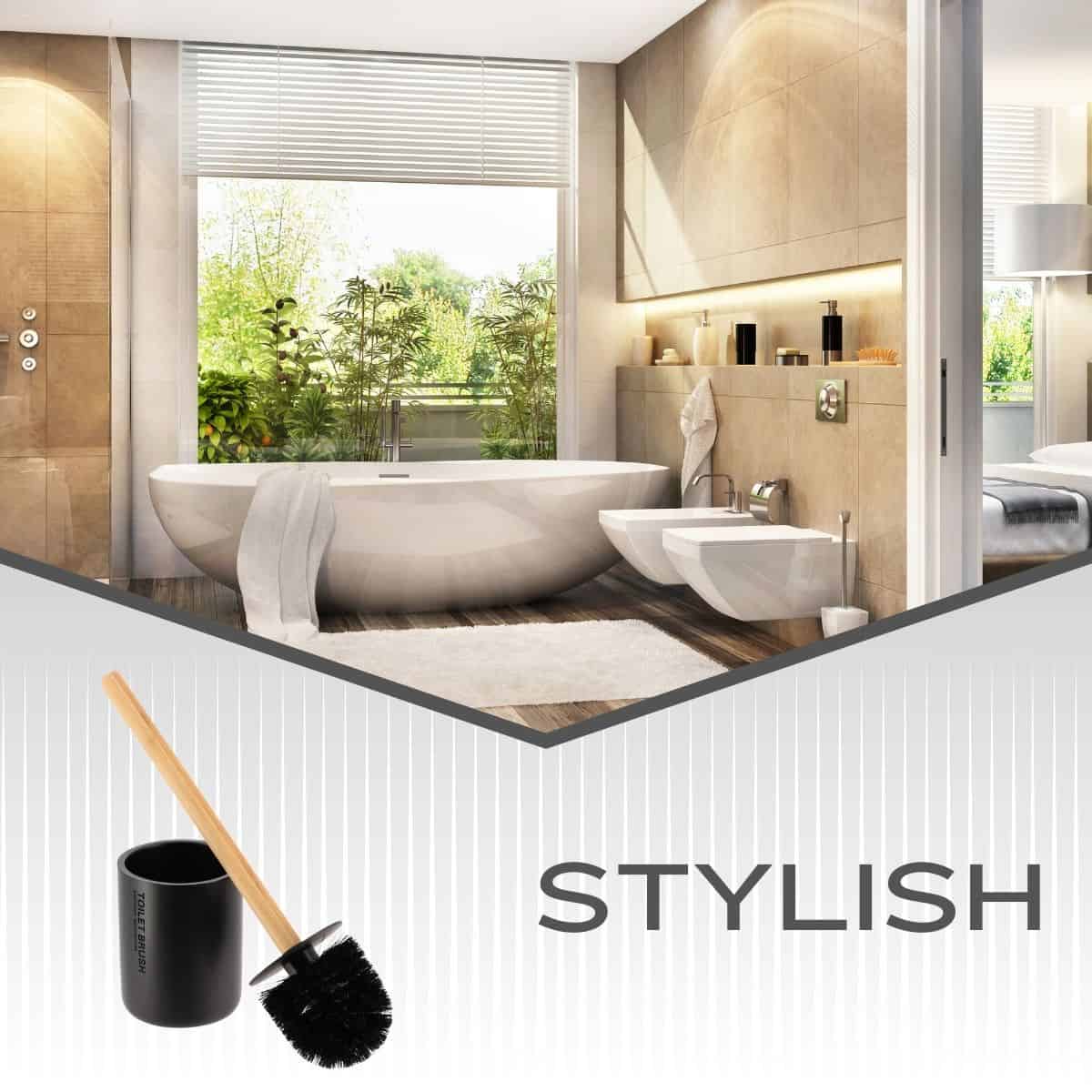 Evideco Sleek Matte Black Toilet Brush Holder With Bamboo Handle – Polyresin Bathroom Cleaning Tool Set Toilet Seats & Accessories Toilet Brushes