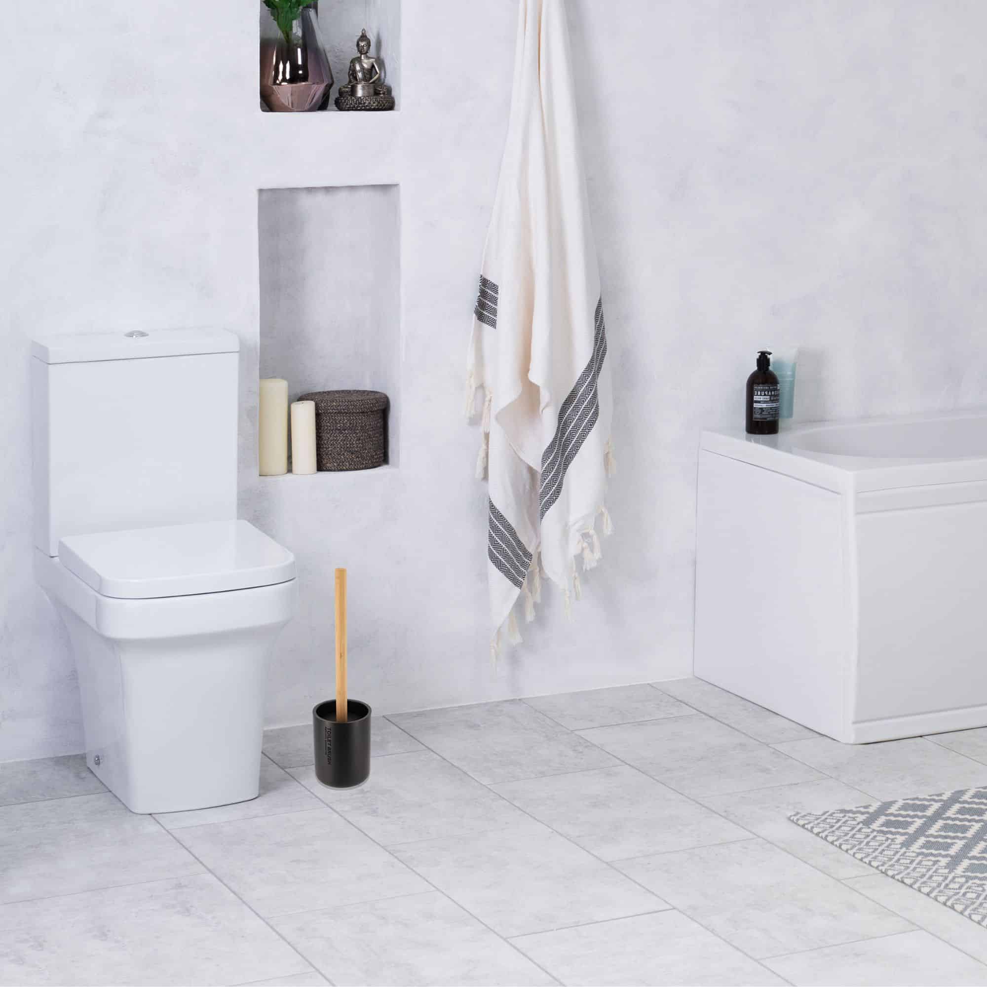 Evideco Sleek Matte Black Toilet Brush Holder With Bamboo Handle – Polyresin Bathroom Cleaning Tool Set Toilet Seats & Accessories Toilet Brushes