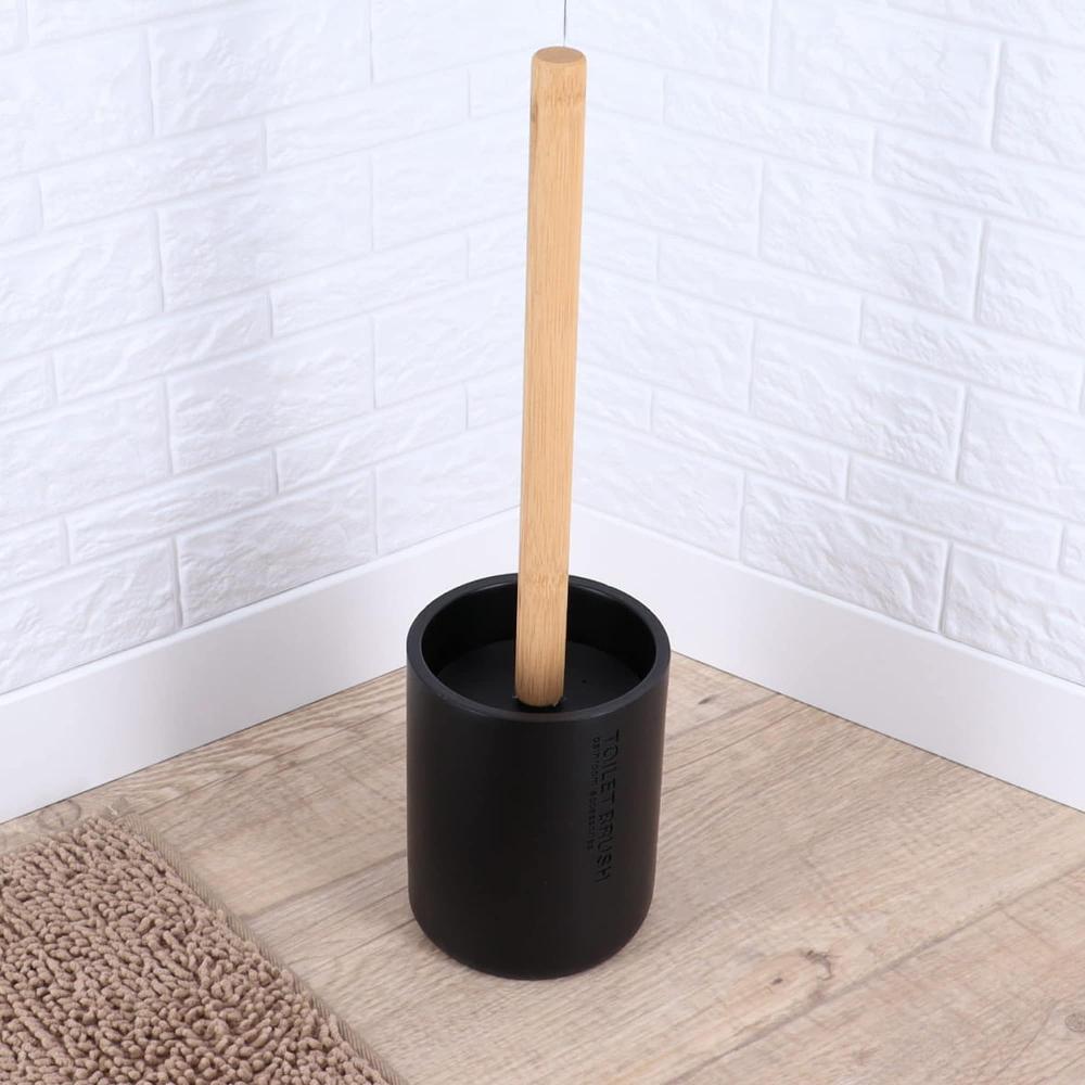 evideco Sleek Matte Black Toilet Brush Holder with Bamboo Handle – Polyresin Bathroom Cleaning Tool Set Toilet Seats & Accessories Toilet Brushes