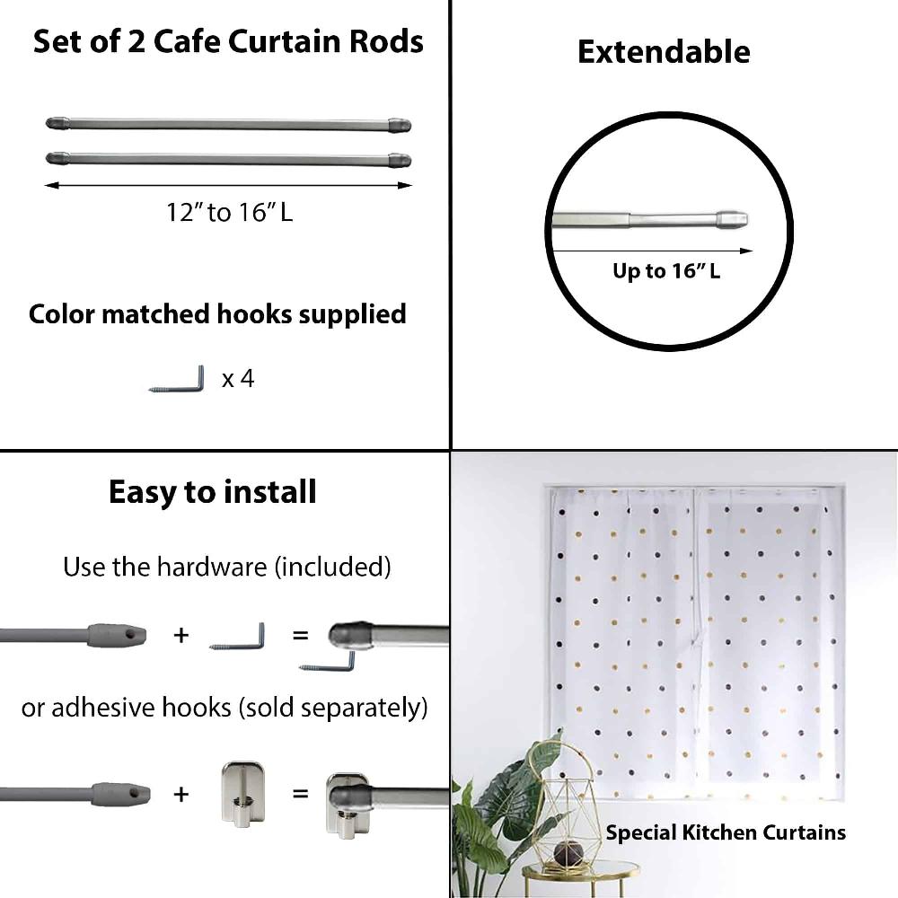 evideco Small Cafe Curtain Rod Adjustable 12″ to 16″ Set of 2 Chrome Home Accessories Curtain Rods Adjustable Flat Sash Rod Sets