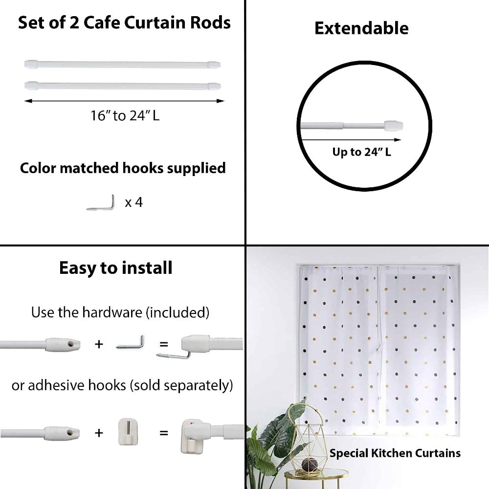 evideco Small Cafe Curtain Rod Adjustable 16″ to 24″ Set of 2 White Home Accessories Kitchen & Cafe Rods
