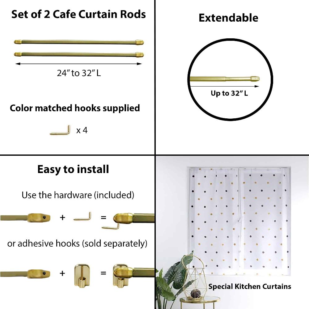 evideco Small Cafe Curtain Rod Adjustable 24″ to 32″ Set of 2 Gold Plated Home Accessories Curtain Rods Adjustable Flat Sash Rod Sets