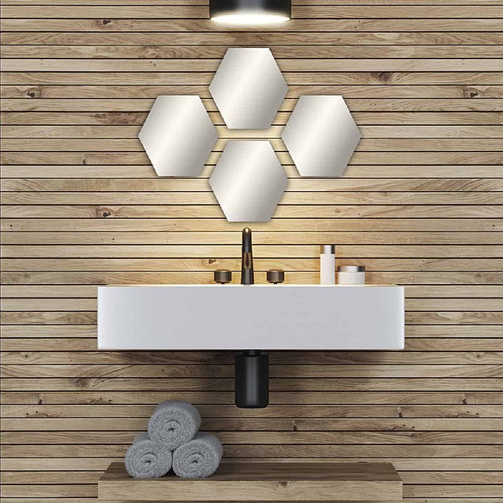 evideco Small Decorative Wall Self Adhesive Hexagonal Shaped Mirrors – Set of 4 Bathroom Accessories Adhesive Wall Mirrors