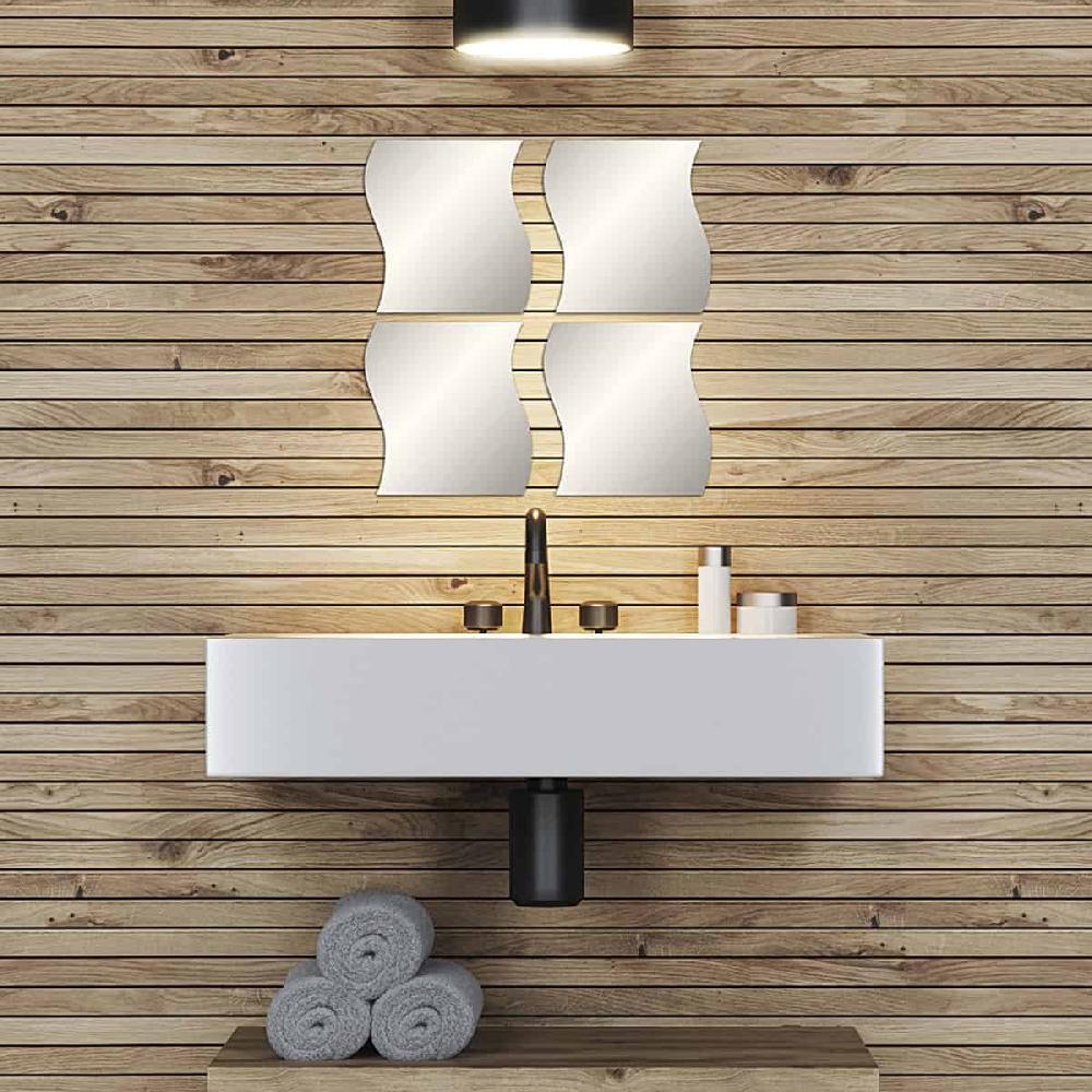 evideco Small Decorative Wall Self Adhesive Wave Shaped Mirrors – Set of 4 Bathroom Accessories Adhesive Wall Mirrors