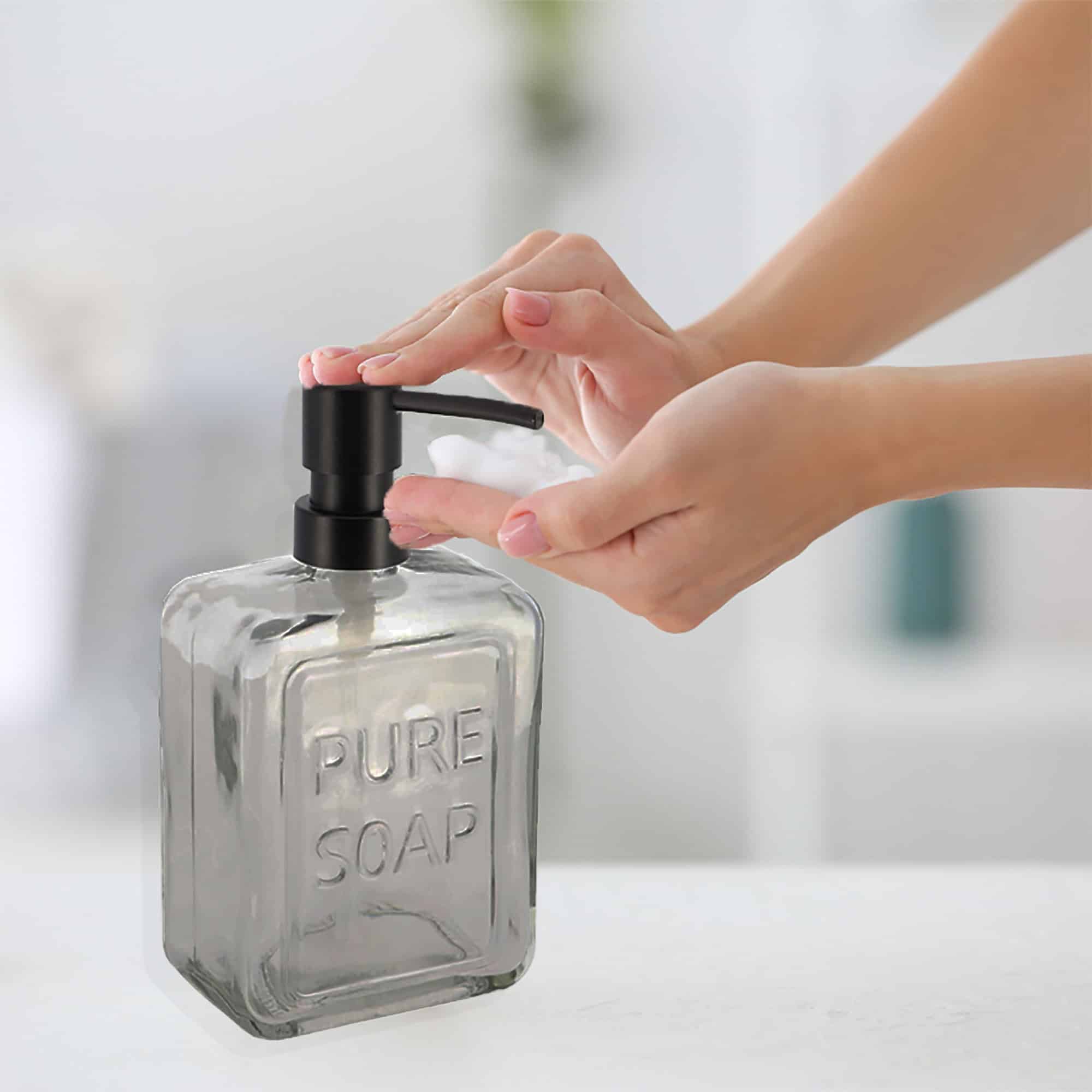 Evideco Smoked Glass Soap Dispenser PURE SOAP 18 FL OZ Bathroom Accessories Soap & Lotion Dispensers