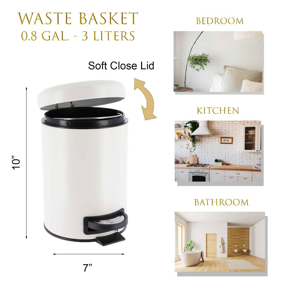Evideco Soft Close Lid Round Metal Bath Floor Step Trash Can Waste Bin 3-liters-0.8-gal White Toilet Seats & Accessories Toilet Wastebaskets Design & Solid