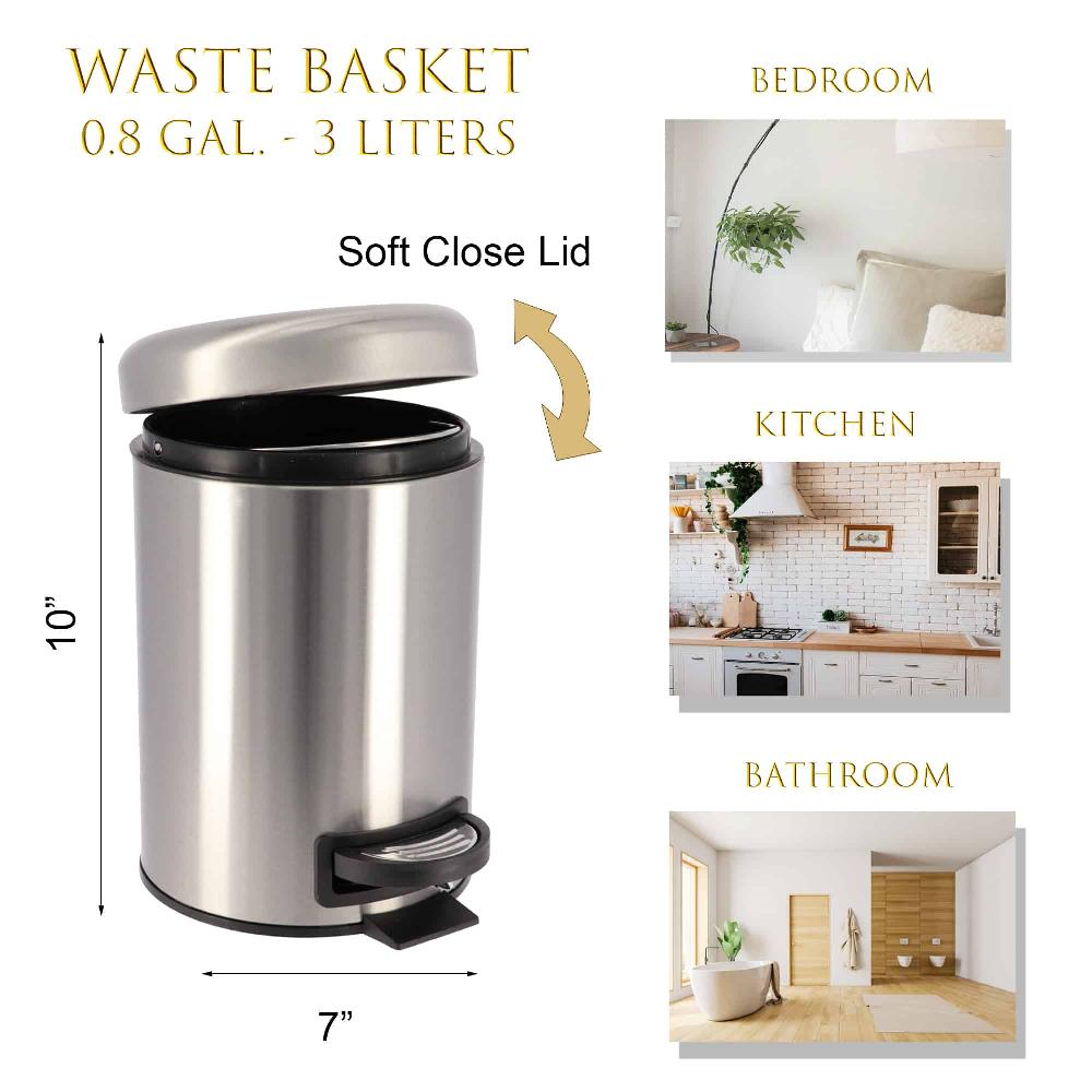 Evideco Soft Close Lid Round Metal Bath Floor Step Trash Can Waste Bin 3-liters-0.8-gal Steel Toilet Seats & Accessories Toilet Wastebaskets Design & Solid