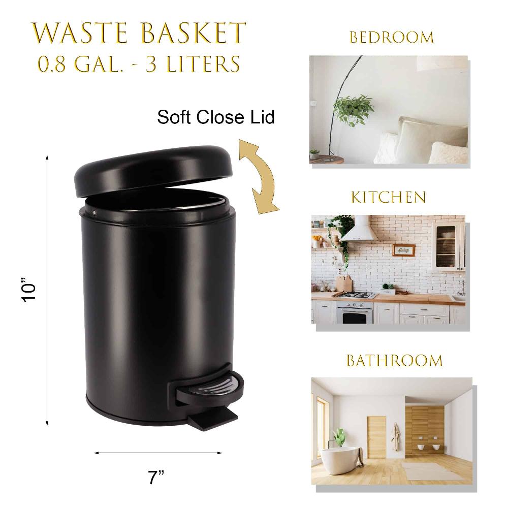 Evideco Soft Close Lid Round Metal Bath Floor Step Trash Can Waste Bin 3-liters-0.8-gal Black Toilet Seats & Accessories Toilet Wastebaskets Design & Solid