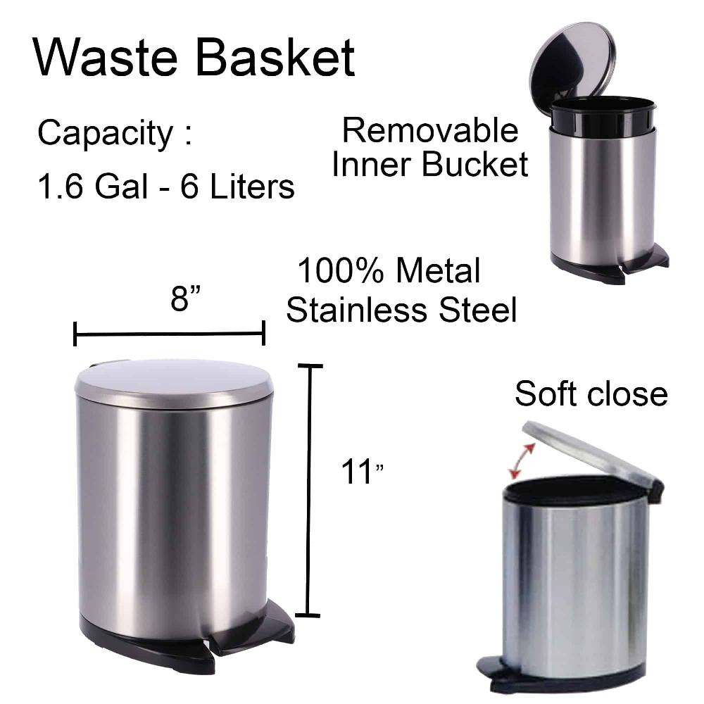 Evideco Soft Close Lid Stainless Steel Round Metal Step Trash Can Waste Bin 6-liters-1.6-gal. Toilet Seats & Accessories Toilet Wastebaskets Design & Solid