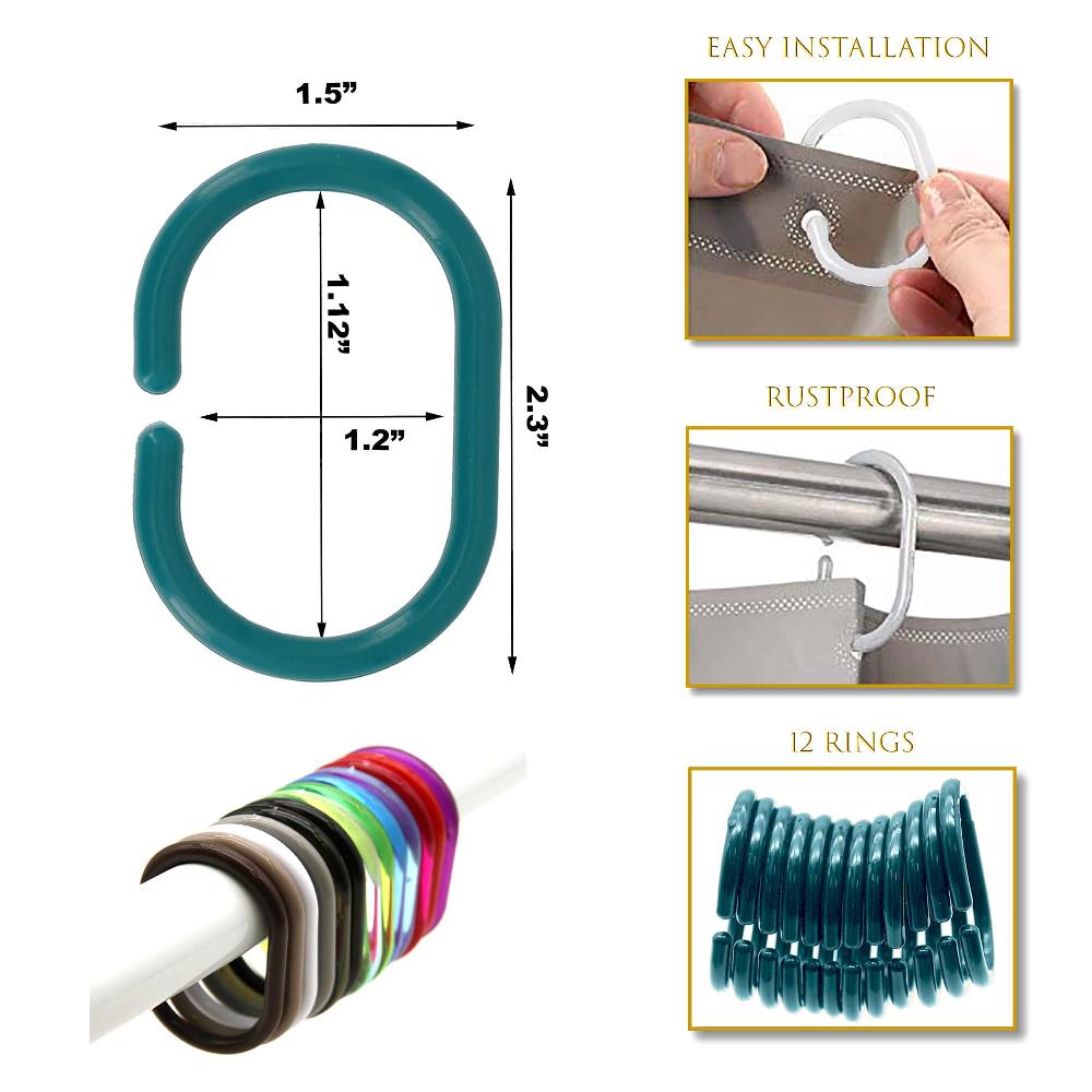 Evideco Solid Peacock Blue Plastic Shower Curtain Rings – Set Of 12 Shower Accessories Shower Curtain Hook