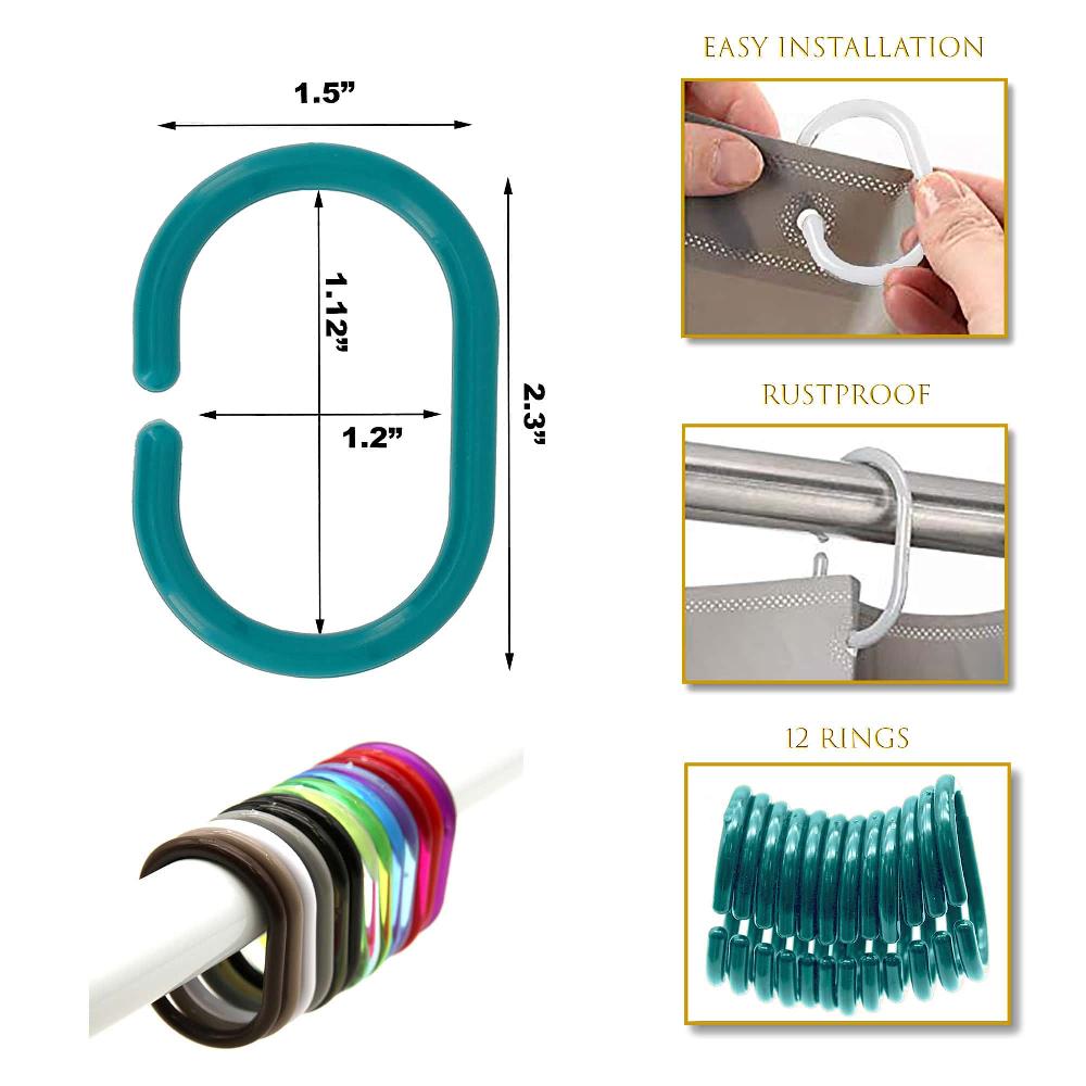 Evideco Solid Turquoise Blue Plastic Shower Curtain Rings – Set Of 12 Shower Accessories Shower Curtain Hook