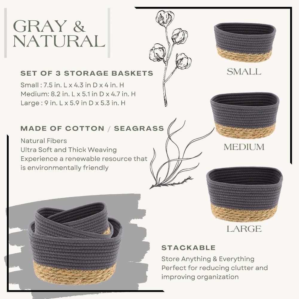 Evideco Sophisticated Gray Cotton Storage Baskets Organizer Padang Bins Stackable For Shelves- Set Of 3 Bathroom Storage & Furniture Storage Baskets & Organizers