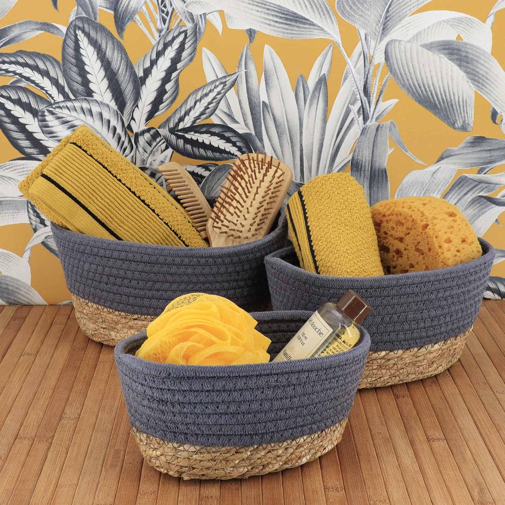 evideco Sophisticated Gray Cotton Storage Baskets Organizer Padang Bins Stackable for Shelves- Set of 3 Bathroom Storage & Furniture Storage Baskets & Organizers