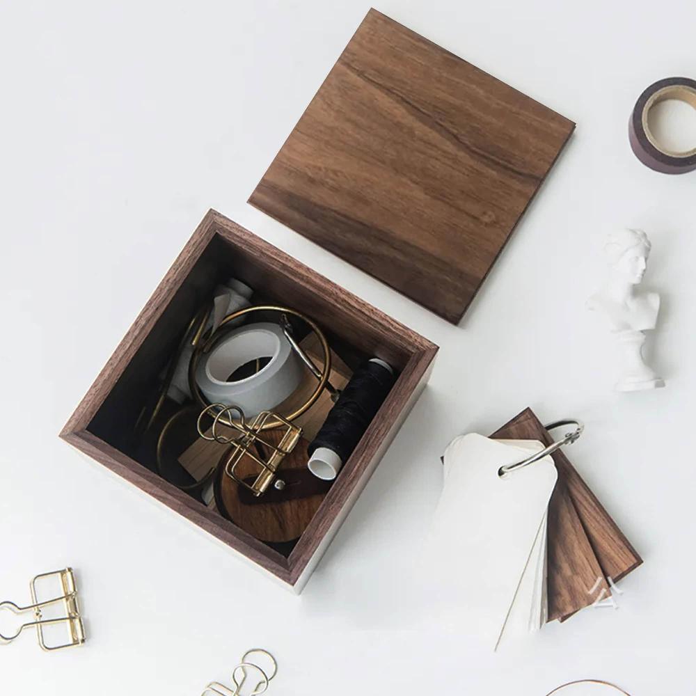 evideco Square Acacia Wood Storage Box with Lid Bathroom Accessories Cosmetic & Vanity Organizers